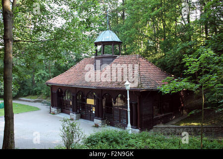 Vecchia Pompa in legno-camera in Polonia a Krynica Foto Stock