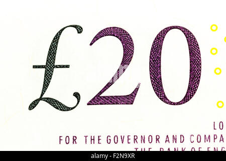 Close up di £20 su una sterlina inglese venti pound nota Foto Stock