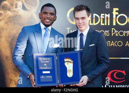 Il Principato di Monaco, Settembre 21, 2015: Louis Ducruet (primo figlio della Principessa Stephanie di Monaco) al calcio Goldenfoot premi insieme con il Goldenfoot vincitore 2015, Samuel Eto o/picture alliance Foto Stock