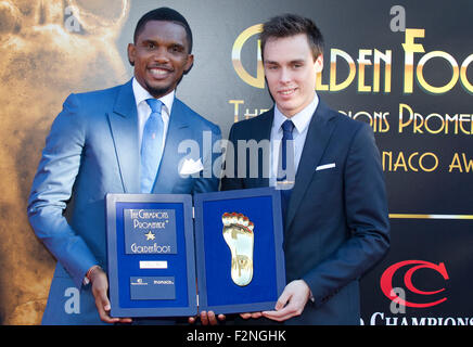 Il Principato di Monaco, Settembre 21, 2015: Louis Ducruet (primo figlio della Principessa Stephanie di Monaco) al calcio Goldenfoot premi insieme con il Goldenfoot vincitore 2015, Samuel Eto o/picture alliance Foto Stock