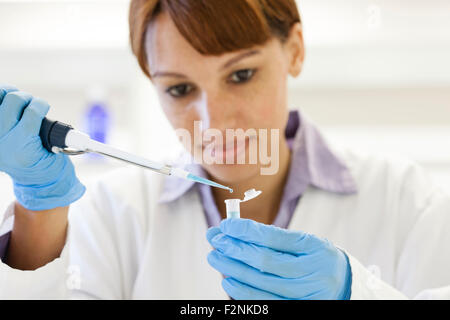 Razza mista scienziato il pipettaggio di campione nella provetta di test in laboratorio Foto Stock