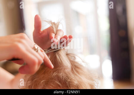 Madre caucasica il taglio di capelli del figlio Foto Stock