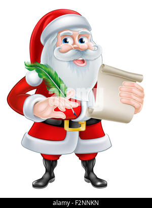 Babbo Natale con il suo Natale lista di scorrimento o lettera tenendo un tubetto pen Foto Stock