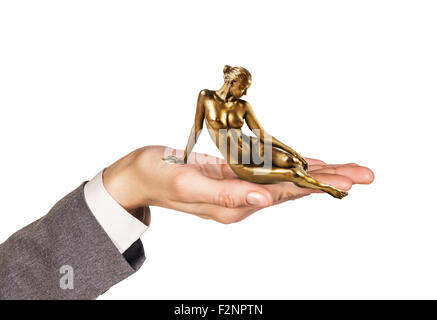 Aprire Palm contiene la donna con la pelle oro Foto Stock