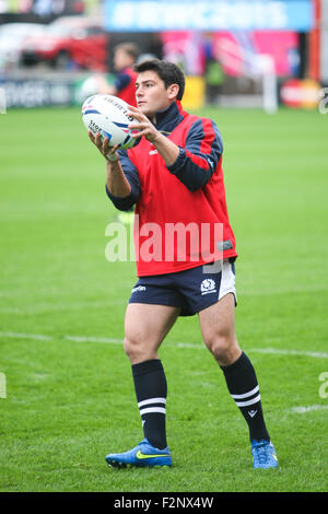 Sam Hidalgo-Clyne, Scozia scrum-metà, durante il corso di formazione per la Coppa del Mondo di Rugby 2015 Foto Stock