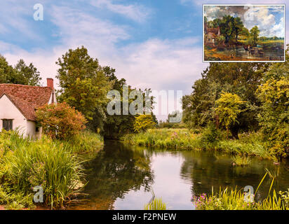 Visualizza in primo piano in Constable del dipinto il fieno Wain (inserto), con Willy Lott's Cottage sulla sinistra, Flatford Mill, Essex, Inghilterra, Regno Unito Foto Stock