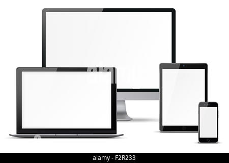 Monitor per computer, telefono cellulare, smartphone, laptop e tablet pc con schermo vuoto isolato su sfondo bianco. Altamente dettagliata Foto Stock