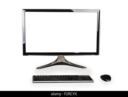 Computer desktop con il bianco lo schermo è vuoto e la tastiera e il mouse isolati su sfondo bianco Foto Stock