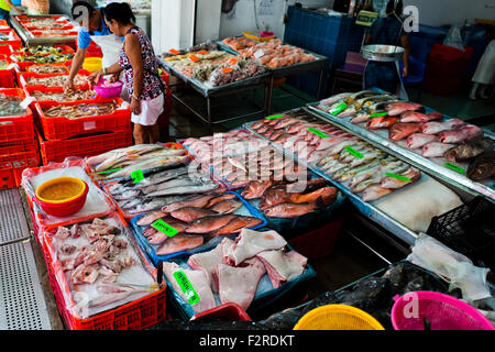 Una donna messicana seleziona da una ampia varietà di pesci disponibili presso i frutti di mare e il mercato del pesce di veracruz, Messico. Foto Stock