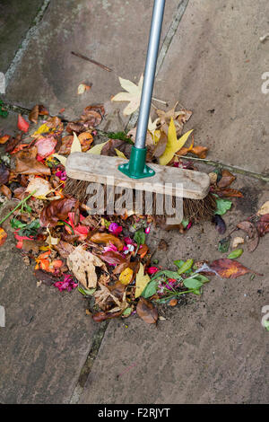 Giardiniere spazzando su autunno trascorso fiori e foglie su un percorso da giardino Foto Stock