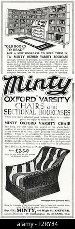 1920s annuncio. Annuncio datato 1923 pubblicità Minty sedie & Librerie di Oxford Foto Stock