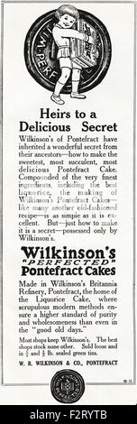 1920s annuncio. Annuncio datato 1923 pubblicità del Wilkinson Pontefract torte Foto Stock