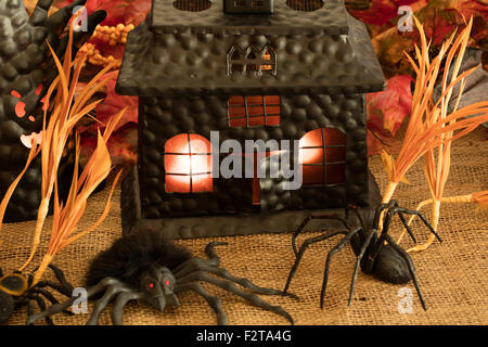 Scary house e albero, con ragni, ratti e spooky caratteri Foto Stock