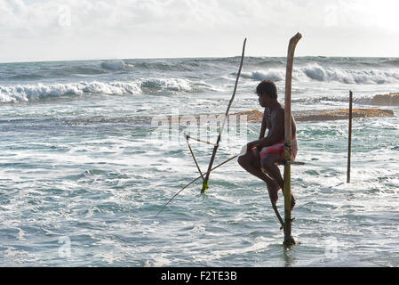 Stilt Fisherman nei pressi di Unawatuna Beach, Sri Lanka Foto Stock