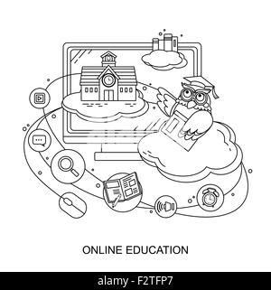 Online il concetto di istruzione con un gufo in stile linea Illustrazione Vettoriale