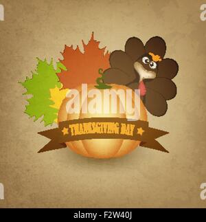 La Giornata del ringraziamento lo sfondo con la Turchia, zucche, foglie e titolo Iscrizione Illustrazione Vettoriale