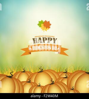 La Giornata del ringraziamento lo sfondo con zucche e titolo Iscrizione Illustrazione Vettoriale