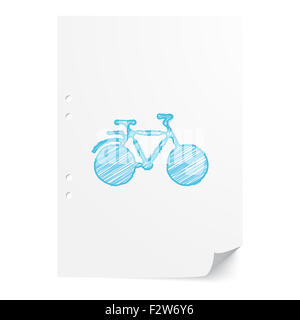 Blu bicicletta handdrawn illustrazione sul foglio di carta bianco con spazio di copia Foto Stock