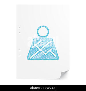 Blue handdrawn puntatore mappa immagine sul foglio di carta bianco con spazio di copia Foto Stock
