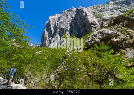 Escursionismo nel canyon del Parco Nazionale di Paklenica, Croazia Foto Stock