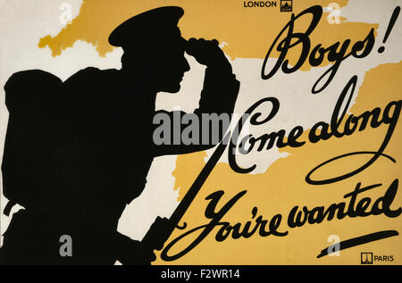 La Prima guerra mondiale il reclutamento di poster. Ragazzi! Vieni lungo sei voluto. Foto Stock