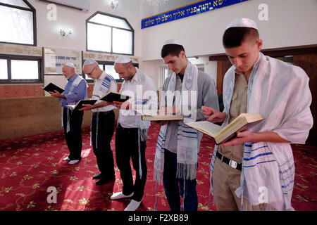 Karaite ebrei piegando il ginocchio e prostrato durante la preghiera in una sinagoga Karaite nella città di Ramle o Ramleh Israele Foto Stock