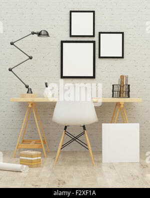 White room interior con un muro di mattoni. Il rendering 3D Foto Stock