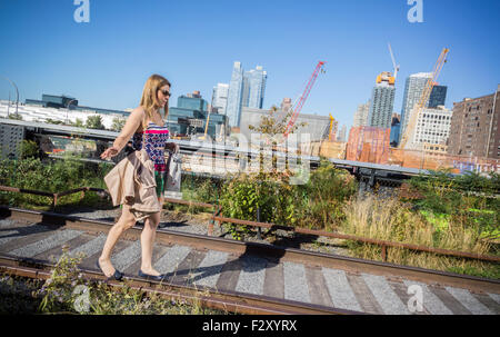 Un visitatore saldi su rotaie esposta nella terza e ultima fase del popolare alta linea Park, dal West 30th Street West 34th Street, New York Mercoledì, 23 settembre 2015. La sezione loop intorno a Hudson cantieri dove uffici e alloggiamento sono in costruzione. Poiché la prima sezione aperta nel 2009 milioni di dollari nel settore immobiliare è stato sviluppato lungo il parco. (© Richard B. Levine) Foto Stock