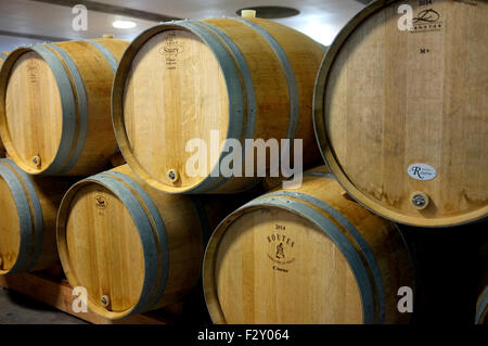 Botti di Rovere francese nella cantina di un chateau francese Foto Stock