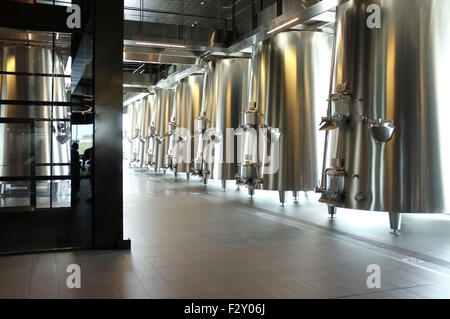 Acciaio inossidabile tini di vino a Chateau Pedesclaux, Bordeaux, Francia Foto Stock