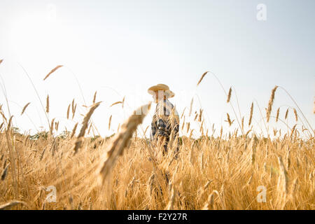 Uomo che indossa una camicia a scacchi e un cappello in piedi in un cornfield, un agricoltore. Foto Stock