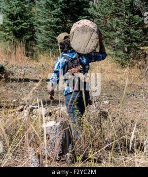 Salt Lake City, Utah, Stati Uniti d'America. Xxv Sep, 2015. ROBERT WOOD, da Anchorage in Alaska, effettua una porzione del Engelmann spruce tree che lui e gli altri studenti abbattuto e sminuzzate il Uinta National Forest durante il legno annuale viaggio per la Scuola di Liuteria di America. Il legno di abete rosso sarà utilizzato per contribuire a rafforzare l'interno dei loro strumenti. Fondata nel 1972, la VMSA è un programma di tre anni durante il quale gli studenti fanno sette violini e violoncello con metodi tradizionali come quella praticata da Stradivari e Guarneri. Esso fornisce ai propri laureati con una base di competenze e di sapere Foto Stock