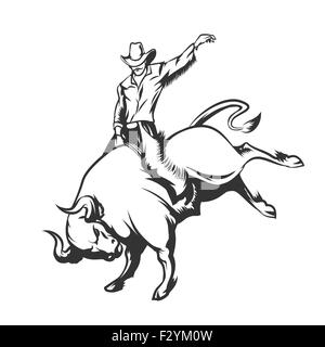 Rodeo cowboy a cavallo di un toro selvaggio. Isolato in bianco e nero su bianco. Illustrazione Vettoriale