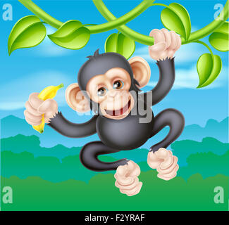 Un cartoon carino chimp primate, ha un aspetto simile a una scimmia, carattere oscillare da vigneti tra gli alberi di una giungla. Azienda Foto Stock