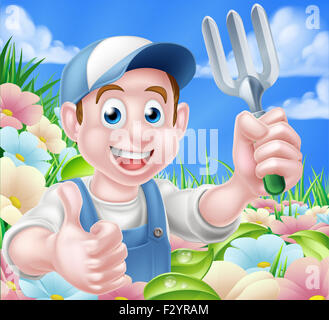 Un cartoon giardiniere carattere tenendo un giardino forcella e dando un pollice alzato in piedi in un giardino fiorito Foto Stock