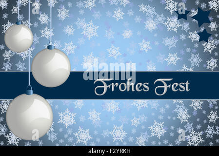 Natale biglietto di auguri. "Frohes Fest' colorate in blu Natale carta con retro bianco baubles e il simbolo del fiocco di neve sullo sfondo. Foto Stock