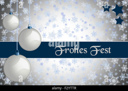 Natale biglietto di auguri. "Frohes Fest' color argento di Natale carta con retro bianco baubles e il simbolo del fiocco di neve sullo sfondo. Foto Stock
