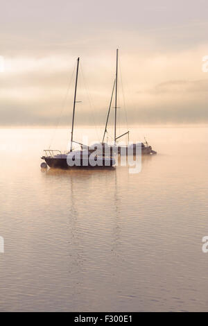 Barche a vela di mattina nebbia on Windermere. Foto Stock
