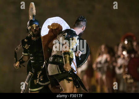 Cartagena, Spagna. Xxv Sep, 2015. La battaglia per la conquista di Qart Hadasht tra truppe Magon e le legioni di Scipione. Credito: ABEL F. ROS/Alamy Live News Foto Stock