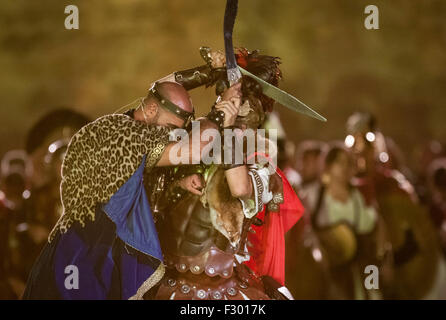 Cartagena, Spagna. Xxv Sep, 2015. La battaglia per la conquista di Qart Hadasht tra truppe Magon e le legioni di Scipione. Credito: ABEL F. ROS/Alamy Live News Foto Stock