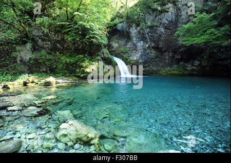 Il Blue Eye of Kapre, Syri i Kalter ho Kaprese, un fiume azzurro piscina. Theth, Thethi, Albania. Foto Stock