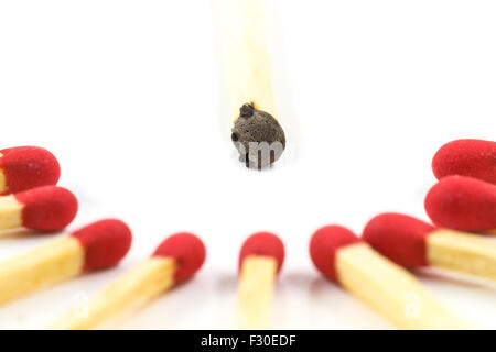 Red match stick around bruciato match stick isolato su sfondo bianco Foto Stock