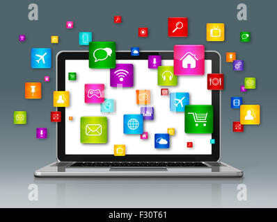 3D portatile e battenti le icone delle applicazioni isolate su grigio Foto Stock