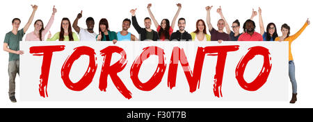 Toronto gruppo di giovani multi etnico persone azienda banner isolato Foto Stock