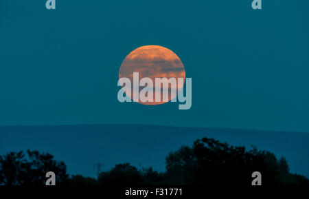 Cumbria, Regno Unito. Il 27 settembre, 2015. Supermoon sorge oltre il Cumbria. La piena supermoon sorge oltre la Pennine Hills davanti al sangue di luna eclissi lunare nelle prime ore di lunedì mattina : 27 settembre 2015 STUART WALKER Credito: STUART WALKER/Alamy Live News Foto Stock