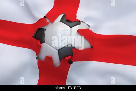 Bandiera di Inghilterra e pallone da calcio, il foro nella bandiera Foto Stock