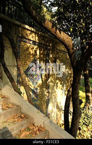 Foglie secche e piastrelle blu nel giardino di palazzo Niavaran a Tehran, Iran Foto Stock