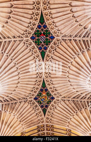 Dettaglio della ventola a soffitto di vaulting nell Abbazia di Bath. Foto Stock