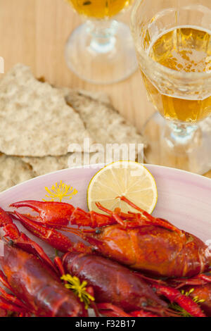 Immagine di una cena di gamberi di fiume, con la birra e il pane fresco. Foto Stock