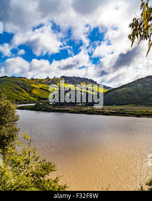 Il fiume russo a Jenner California a Sonoma e Mendocino contee dove il fiume incontra l'Oceano Pacifico Foto Stock